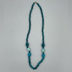 Vintage Long Teal Beaded Necklace with Silver Tone Hardware